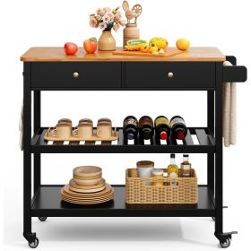 Black Kitchen Island Cart with Wood Top 2 Shelves 2 Drawers and Locking Wheels Black Kitchen Island Cart with Wood Top 2 Shelves 2 Drawers and Locking Wheels